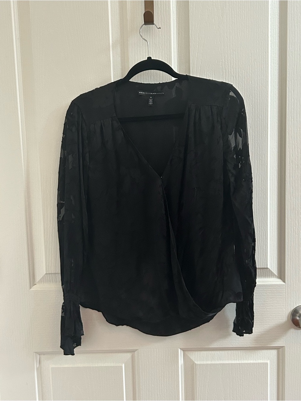 White House Black Market Black Sheer-Detail Wrap Blouse